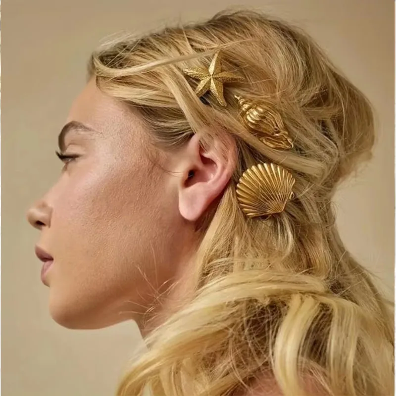 3Pcs Fashiona Europe America Golden Starfish Shell Duckbill Hair Clip for Women Elastic Girl Hair Accessories Headwear