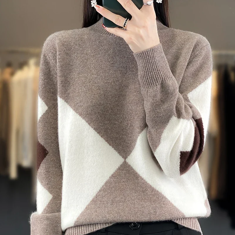 

100% Merino Wool Cashmere Women's Knitted Sweater High Collar Long Sleeve Pullover Autumn Clothing Korean Fashion Top