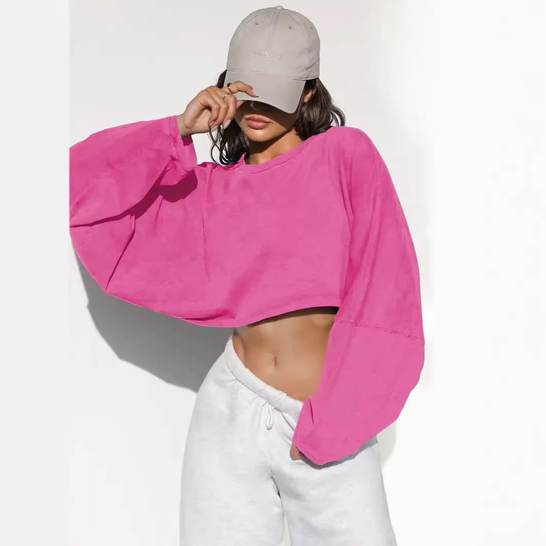 AW Fashion Fall Winter New Women's Hoodies Crew Neck Cropped Sports Base Layer T-Shirt Knitwear Long Sleeve Top