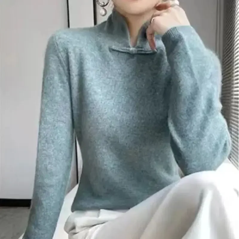 Autumn New Solid Wool Sweater Women Versatile Buckle Button Stand Collar Knit Pullover Slim Cashmere Knitwear