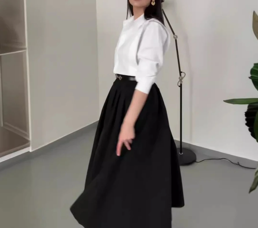 Two Piece Set Women Outfit 2024 Summer Versatile Solid Color Lapel Long Sleeved Shirt & High Waist Large Hem Long Skirt Set
