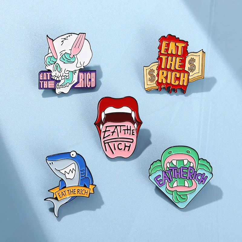 Skeleton Mouth Pines Lapel Badges Cool Punk Jewelry Gift for Friends Eat The Rich Enamel Brooch Custom Piranha Shark