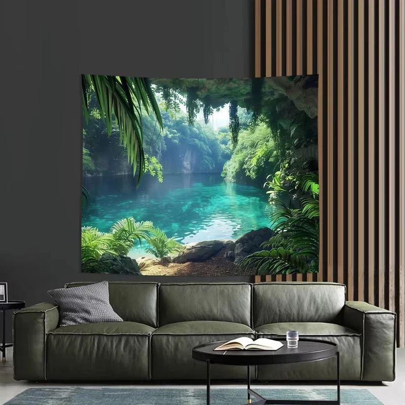 VIKAMA Tropical Cave Lake Tapestry Jungle Green Forest Turquoise Water Nature Scenery Wall Hanging Decor for Bedroom Living Room