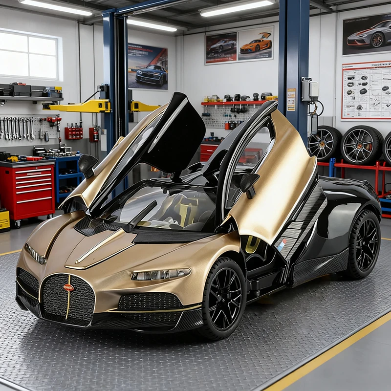 1:24 Bugatti Tourbillon supercoche de aleación modelo de coche sonido y luz tirar hacia atrás juguete para niños coleccionables regalo de cumpleaños