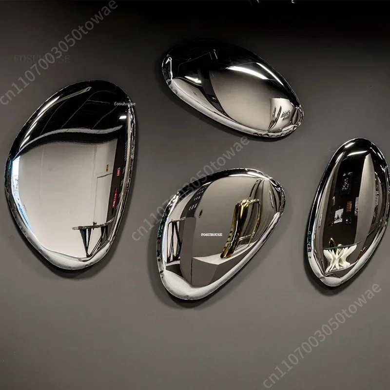 Irregular Pebble-Shaped Stainless Steel Mirror Set, Polished Silver Reflective Wall Decor, Modern Asymmetrical Accent Mirror