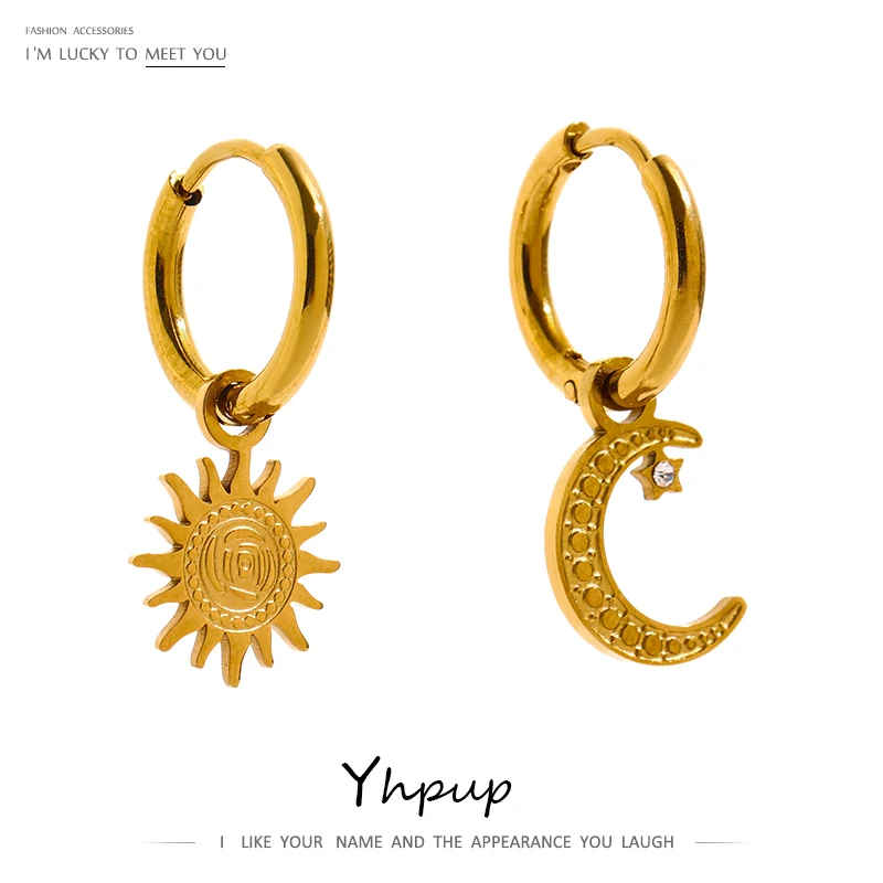 Yhpup Trendy Star Moon Asymmetry Drop Stainless Steel Gold Color Texture Hoop Earrings Statement Charm Jewelry for Women Gift