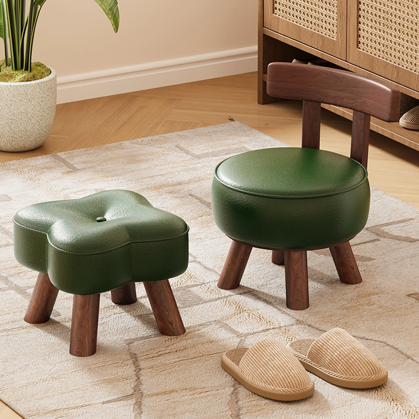 

Imitation leather pulley low stool simple bedroom with wheels plastic stool household living room small stool universal wheel