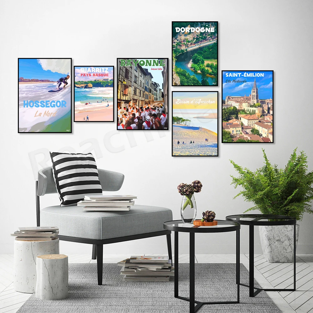 Saint-Émilion, Bayonne (French Basque Country), Dordogne-Périgord, Biarritz (Basque Country), and Arcachon Bay Tourism Posters
