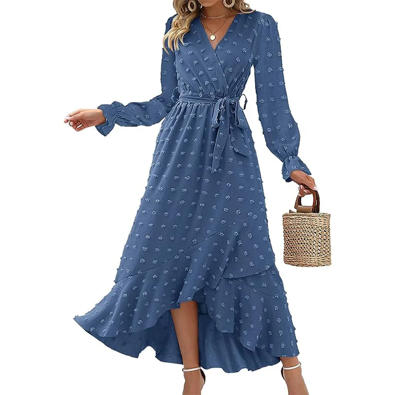 

Women's Boho Cocktail Maxi Dress 2024 Spring Summer V Neck Swiss Dot Long Sleeve Flowy Slit Wedding Party Dresses