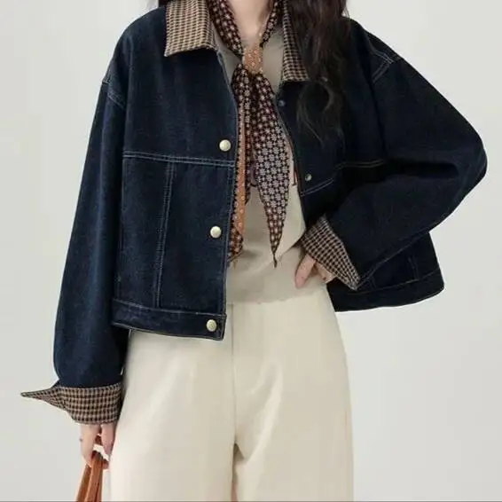เสื้อแจ็คเก็ตยีนส์ลายสก็อตสำหรับฤดูใบไม้ผลิและฤดูใบไม้ร่วง ทรงหลวม คอปก สไตล์ลำลอง อเนกประสงค์ คลาสสิก ย้อนยุค แบรนด์จีน