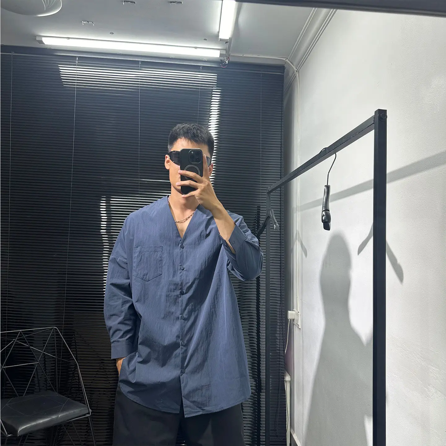 Retro Design Style Blue Collar Long Sleeve Shirt Idle 3/4 Sleeves Top