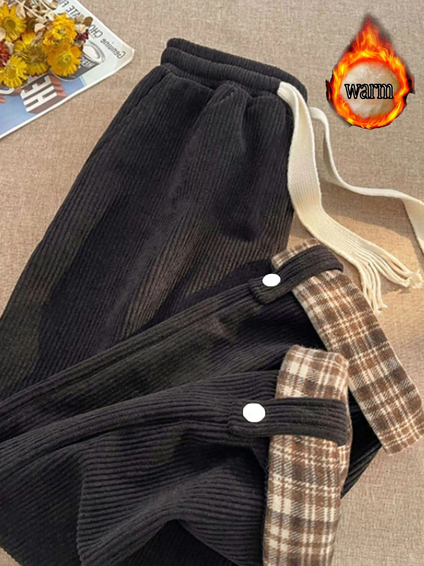 กางเกงขากว้างผ้าลูกฟูกฤดูใบไม้ร่วงและฤดูหนาวของผู้หญิงมีซับในผ้าฟลีซ หนาเพื่อความอบอุ่น กางเกงขาตรงสไตล์เกาหลีอเนกประสงค์