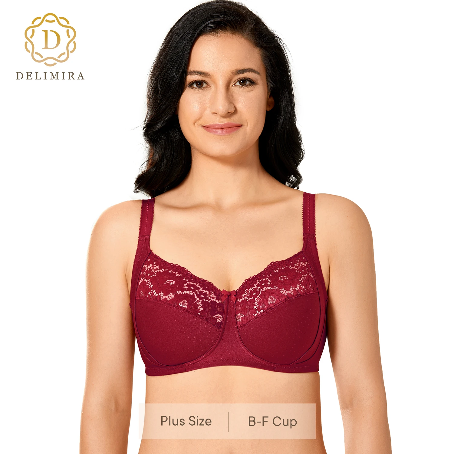 DELIMIRA Women\'s Floral Lace Bra Cotton Full Coverage Wireless Non-padded Plus Size Bralette DD E F