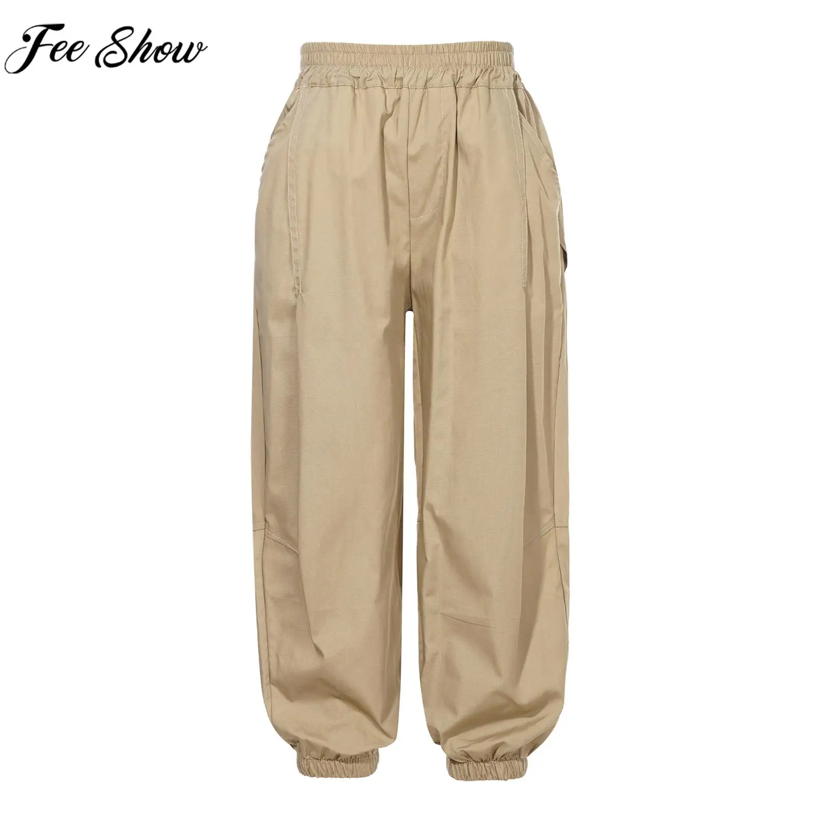 Kids Boys Fashion Casual Cargo Pants Solid Color Mid Waist Trousers for Jazz Street Dance Skateboarding Sports School Daily Wear