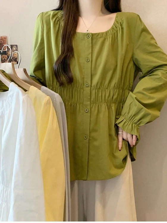 

plus Size Women's Sweet Pleated Design Square Collar Long Sve irt Spring New Sle Waist Cinch Bell Sve Trendy Top