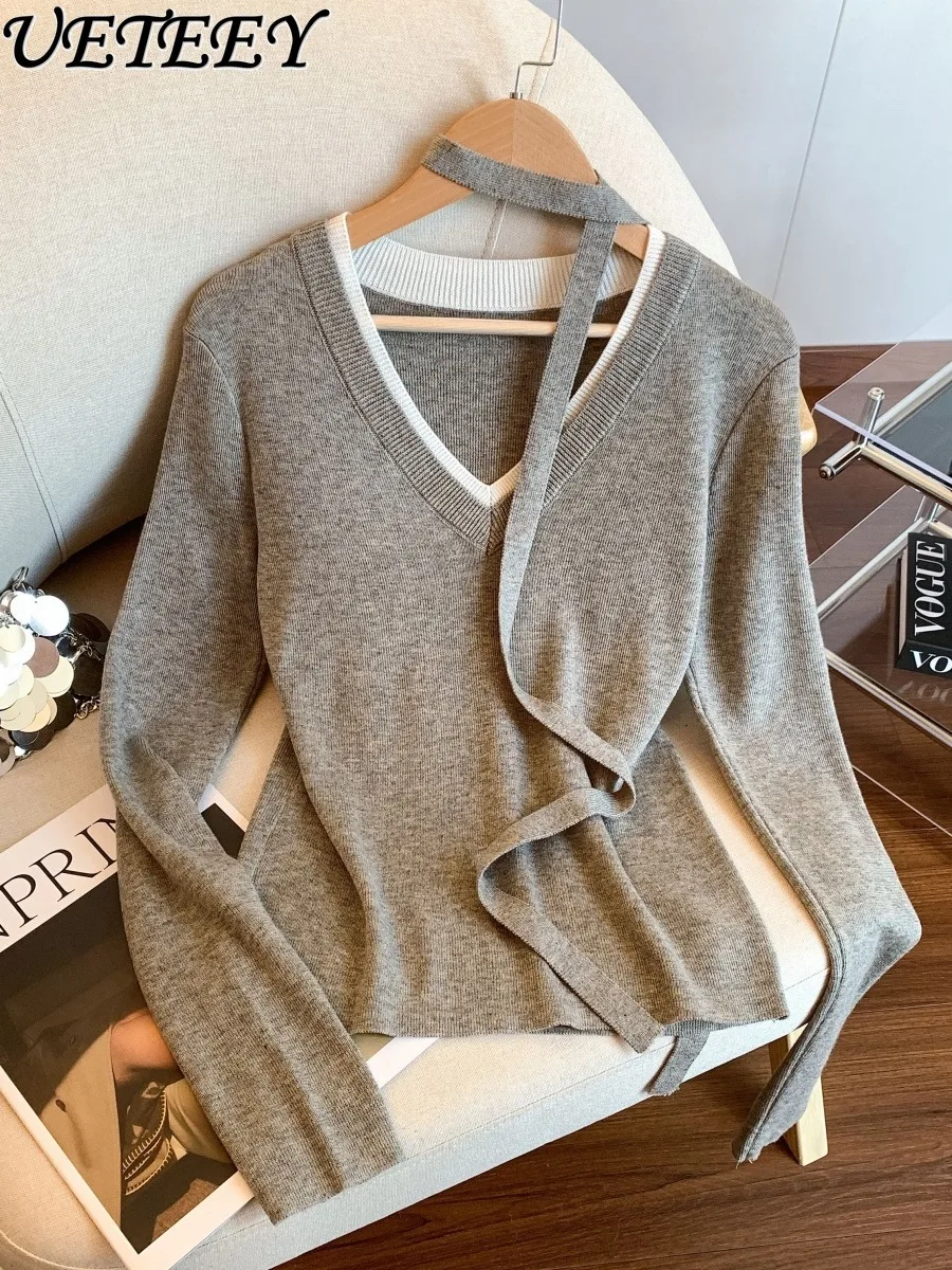 

Color-Block V-Neck Knitted Sweater for Women Spring and Autumn Retro Fashion Versatile Slimming Long Sleeve Top Trendy Pullover