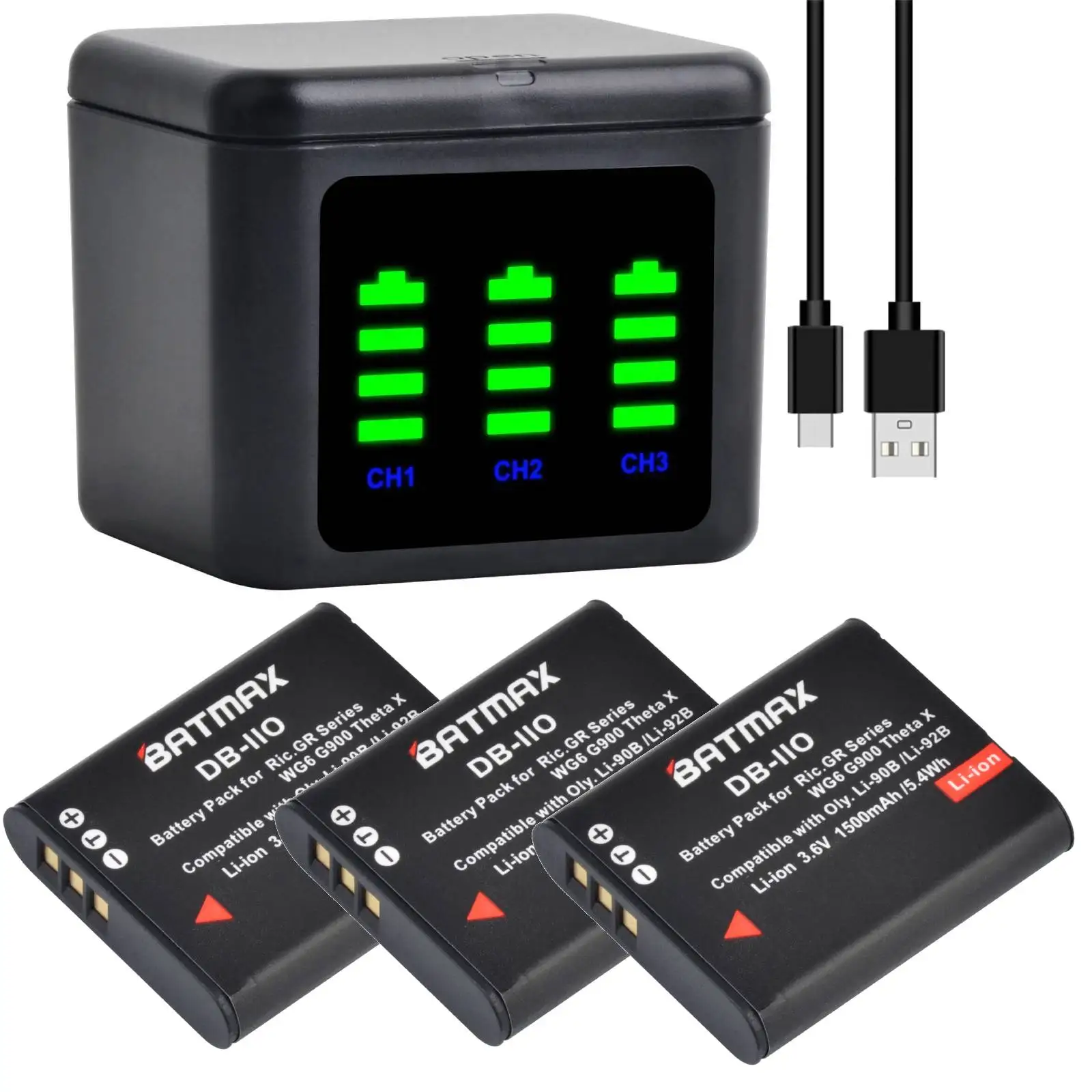 Batmax DB-110 DB110 Battery+LED 3Slots Charger box for Ricoh