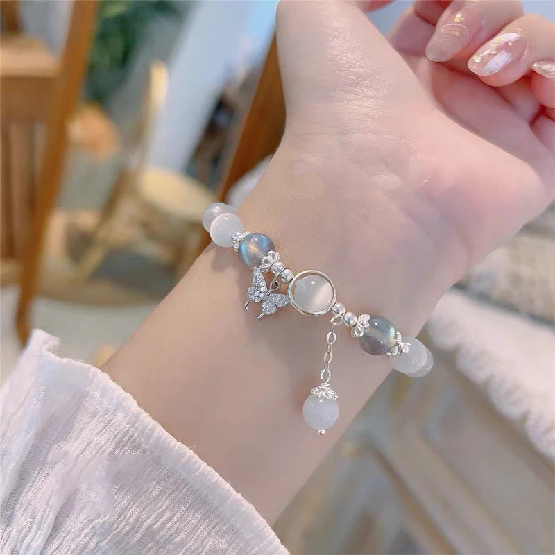 Korean Fashion Imitation Opal Bracelet Simple Ins Moonstone Crystal Bead Butterfly Pendant Bracelet Jewelry Gifts