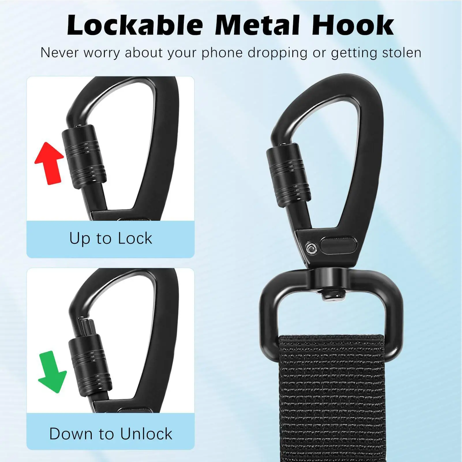 Retractable Phone Lanyard Anti-Theft Security Strap Phone Tether With Locking Carabiner & 360 Degree Rotating Hook For Outdoor view 4