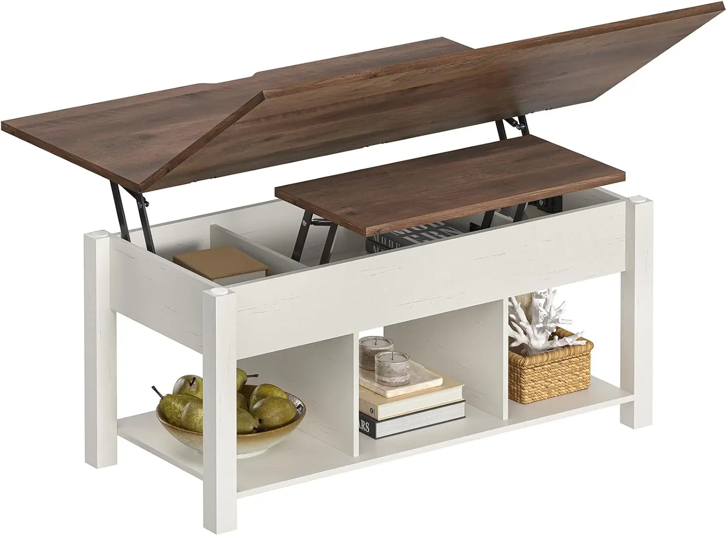 Lift Top Coffee Table, 4 in 1 Coffee Table with Storage, Farmhouse Wood Coffee Tables with Compartments and Shelf, Old White