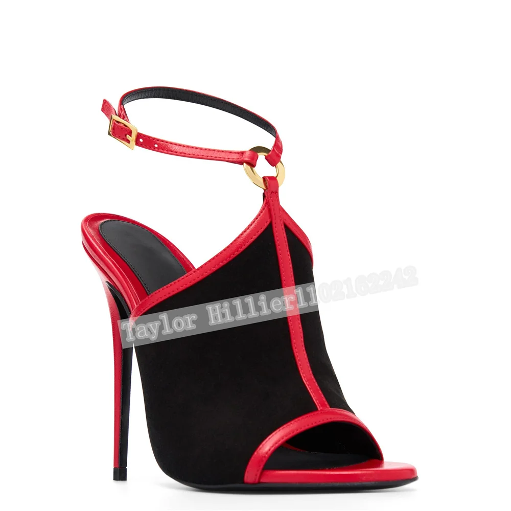 Black And Red-Trimmed Stiletto Heels Sexy Open-Toe Straight Strap Sandals Stylish Luxurious Buckled Evening Shoes Summer 46