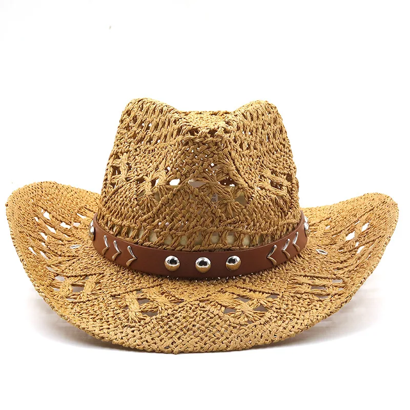 Women's Men's Travel Sunscreen Straw Hat PU Tie-dye Chain Western Outdoor Beach Cap Metal Rivet Travel Holiday Cowboy Hats