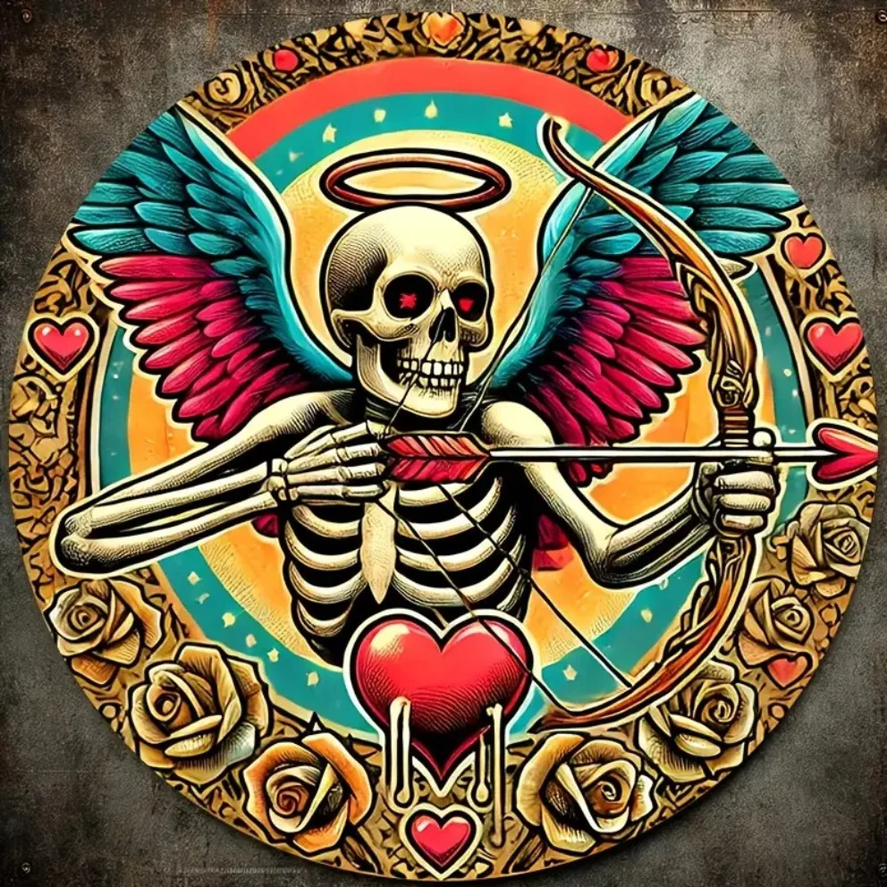 Gothic Cupid Metal Wall Decor - Skeleton Angel with Heart Arrow, Indoor Outdoor Home Office Art