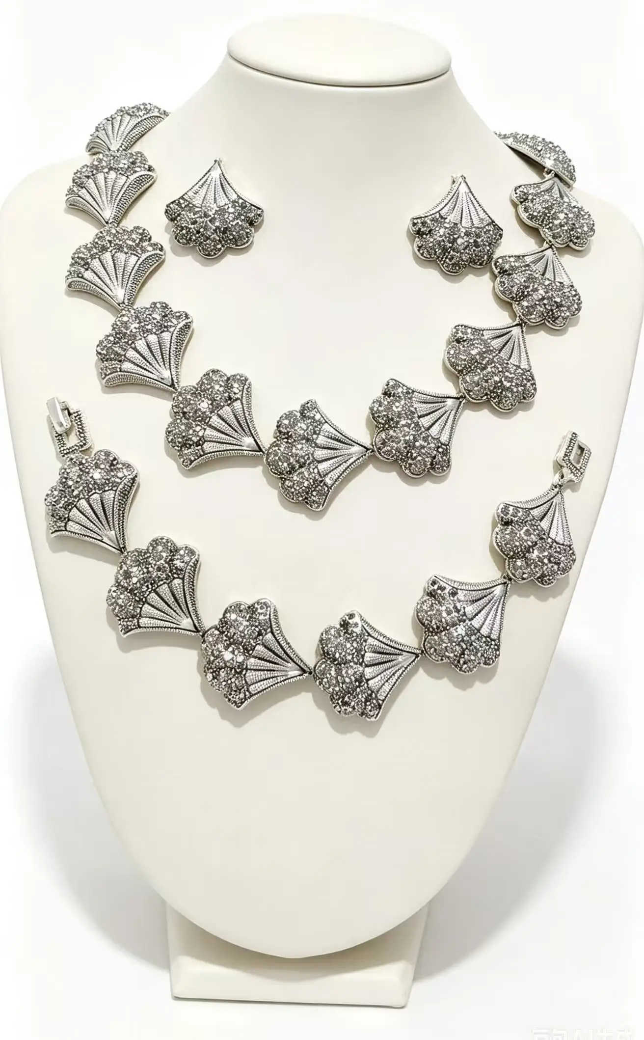 New Vintage Antique Silver Paved Crystal Statement Jewelry Set Leaf Fan Oval Shape Women African Nigerian Wedding Banquet Bride