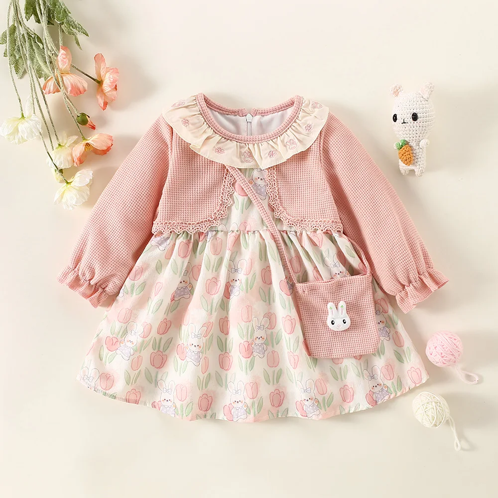 Autumn 2/piece set of girls' dress bag baby girl long sleeved cardigan spliced rabbit flower print dress fake two pieces