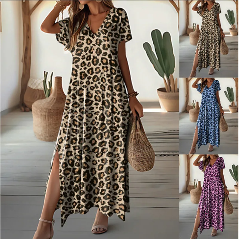 Women\'s Leopard Print Dress Casual Loose Long Skirt Print V-Neck Short Sleeve Dress