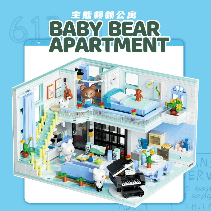 Mini particles cute baby bear apartment street view girl assemble house play house building block toy model building block