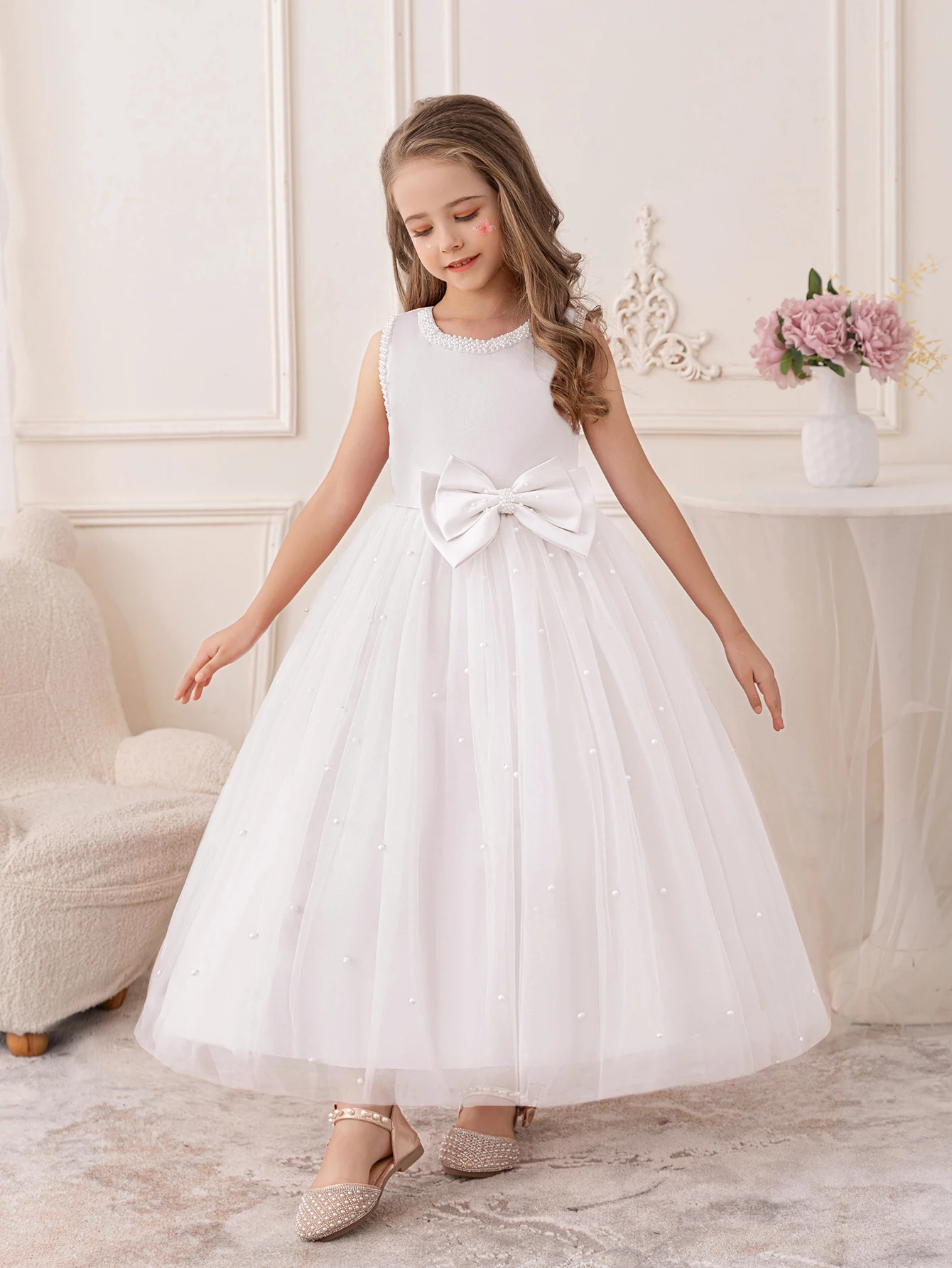 Girls Wedding White Dress Puffy Gauze Skirt Flower Children's Skirt Bridesmaid Evening Dress