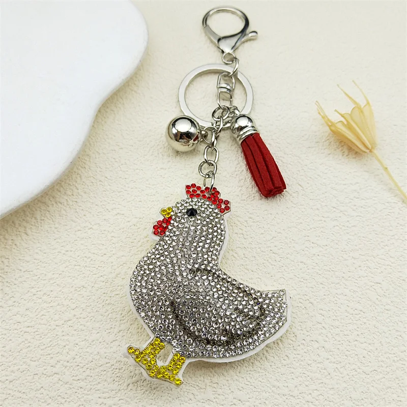 Cute Hen Chicken Egg Producer Keyring For Women Men Stainless Steel White Tassel People Friends Keychain Bag Jewelry Gifts