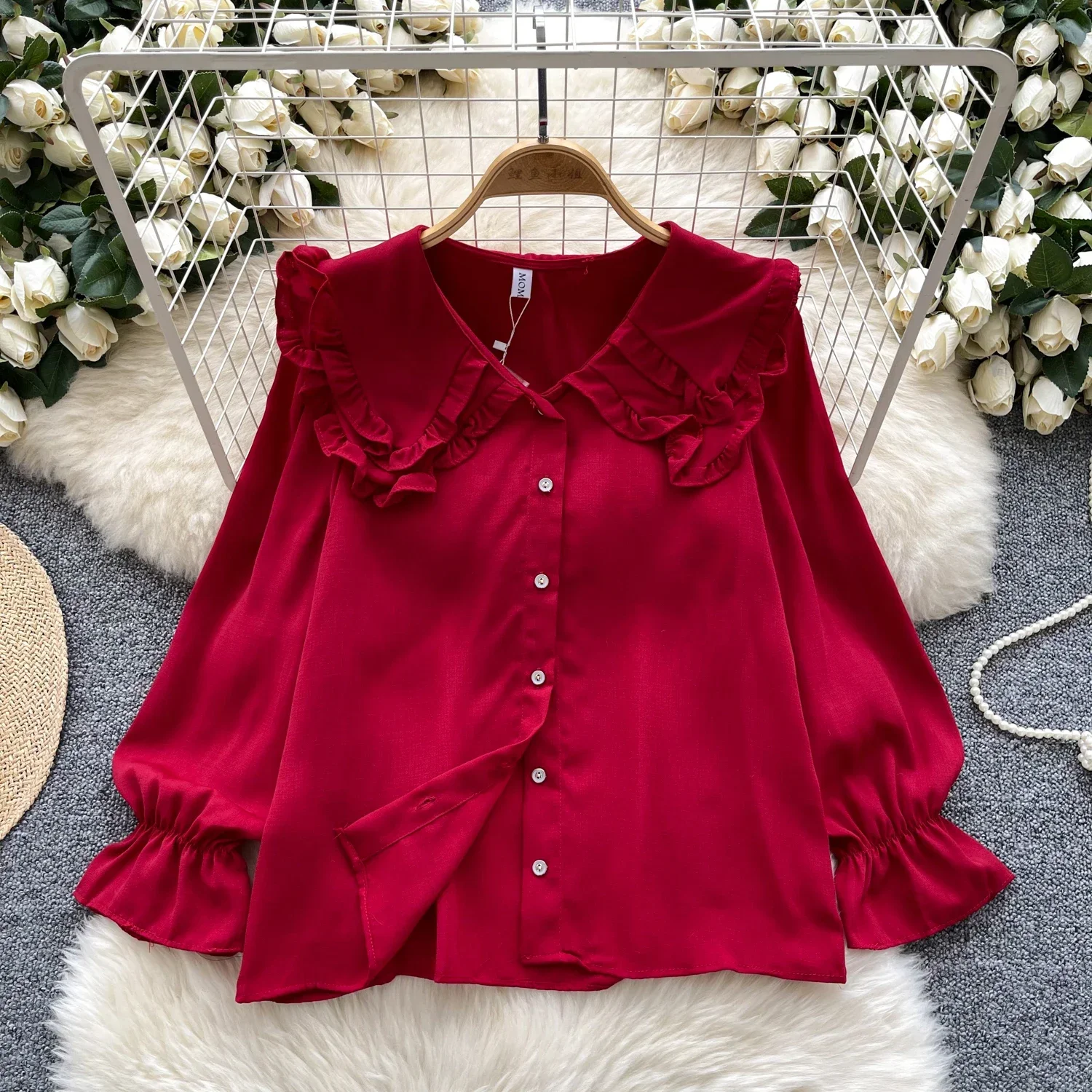 Chic Casual Peter Pan Collar Long Puff Lantern Sleeve Lace-up Blouse Slim Sexy Sweet Shirt Women Basics Luxury Fashion Y2k