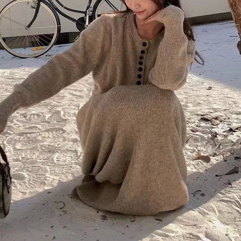 Autumn and Winter New French Solid Color Fashion Knitted Sweater+High Waist Long Dress Two Piece Set
