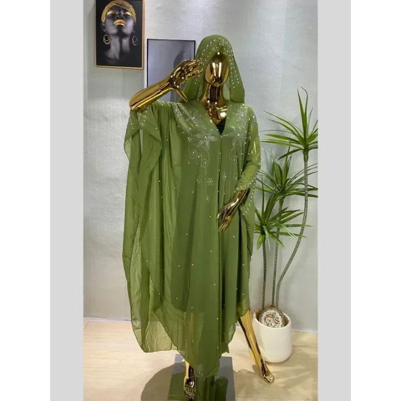 

African Dashiki Chiffon Maxi Dresses for Women Diamonds Kaftan Dubai Gown Evening Boubou Ramadan Muslim Open Abaya Morocco Robes