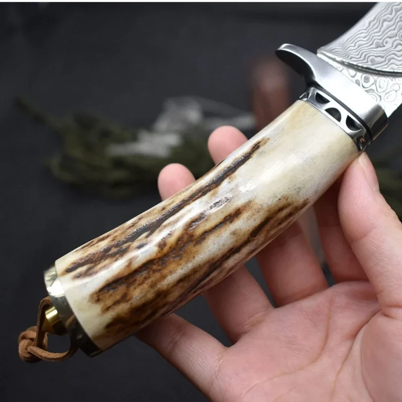 Damascus Steel Outdoor Camping Survival Straight Knife Deer Horn Handle Hunting Fixed Blades Knife Self Defense Tool with Case