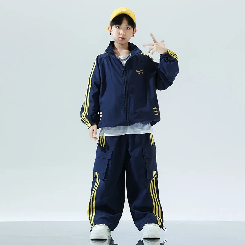 Ropa de Hip Hop para niños, camisa holgada azul de manga larga, abrigo, pantalones, traje de baile callejero de tambor para niñas, traje de actuación de Jazz XH1154