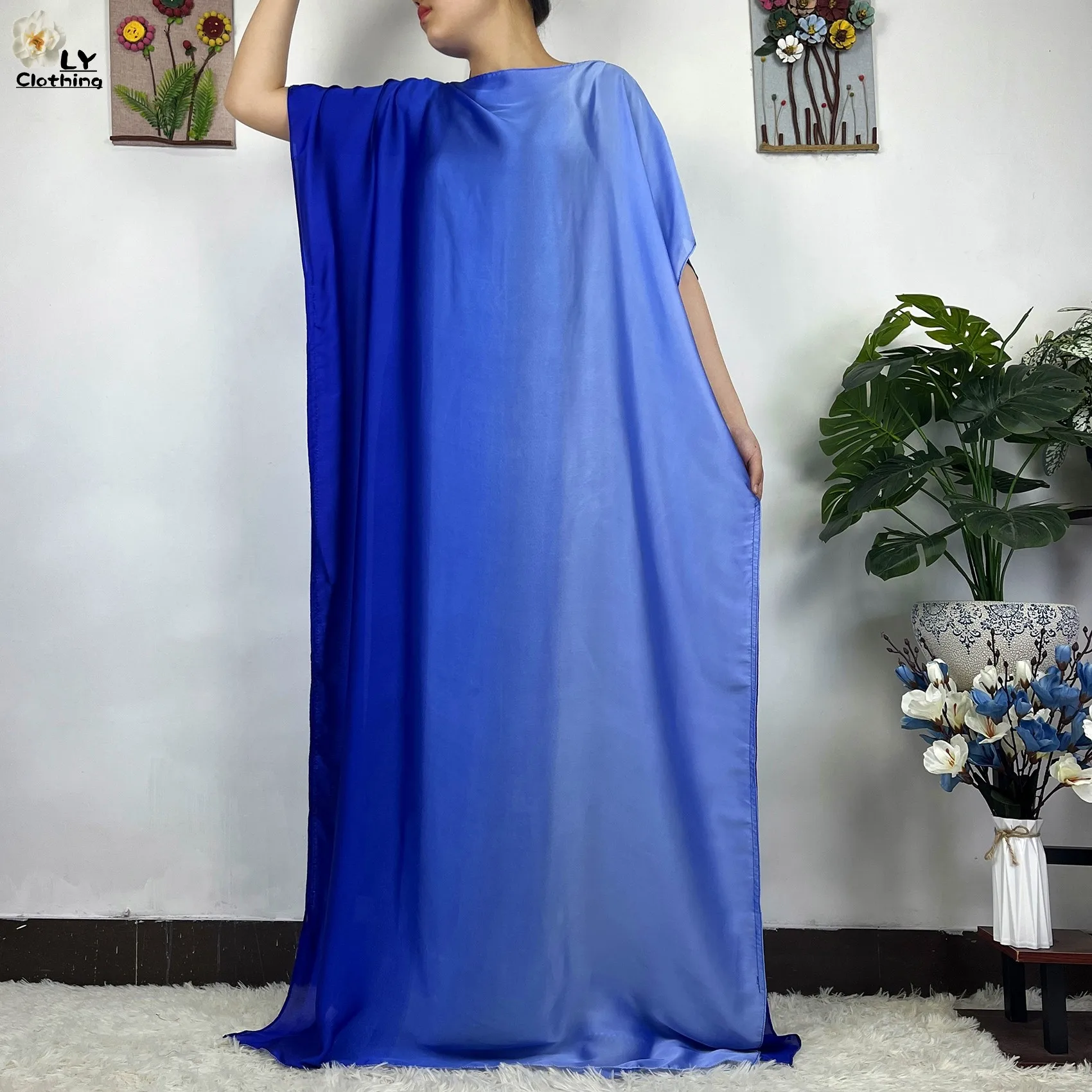 2023 New African Fashion Short Sleeve Colored Pattern Dubai Women Summer Real Silk Soft Printing Loose Tradition Muslim Dress