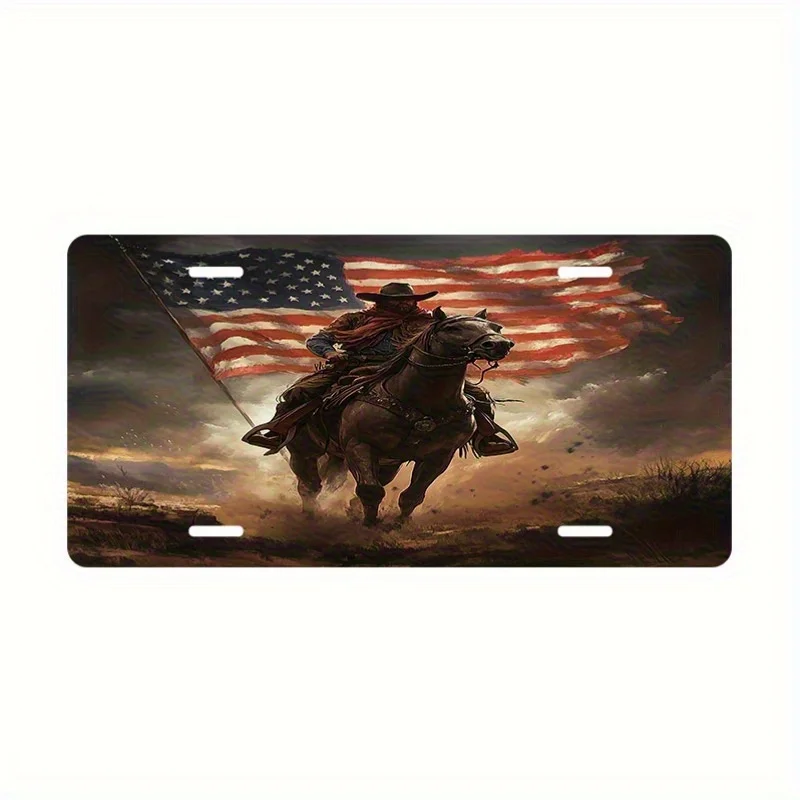 2D Flat, Large Heavy-Duty American Flag License Plate Suitable for Cars, Trucks, SUVs - Western Cowboy Easy Install