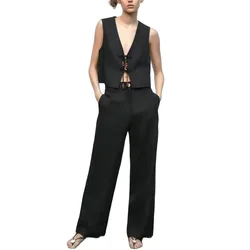 Women's V-Neck Beaded Suit Top Vest Linen Cotton High Waist Slimming Wide Leg Long Pants Set New