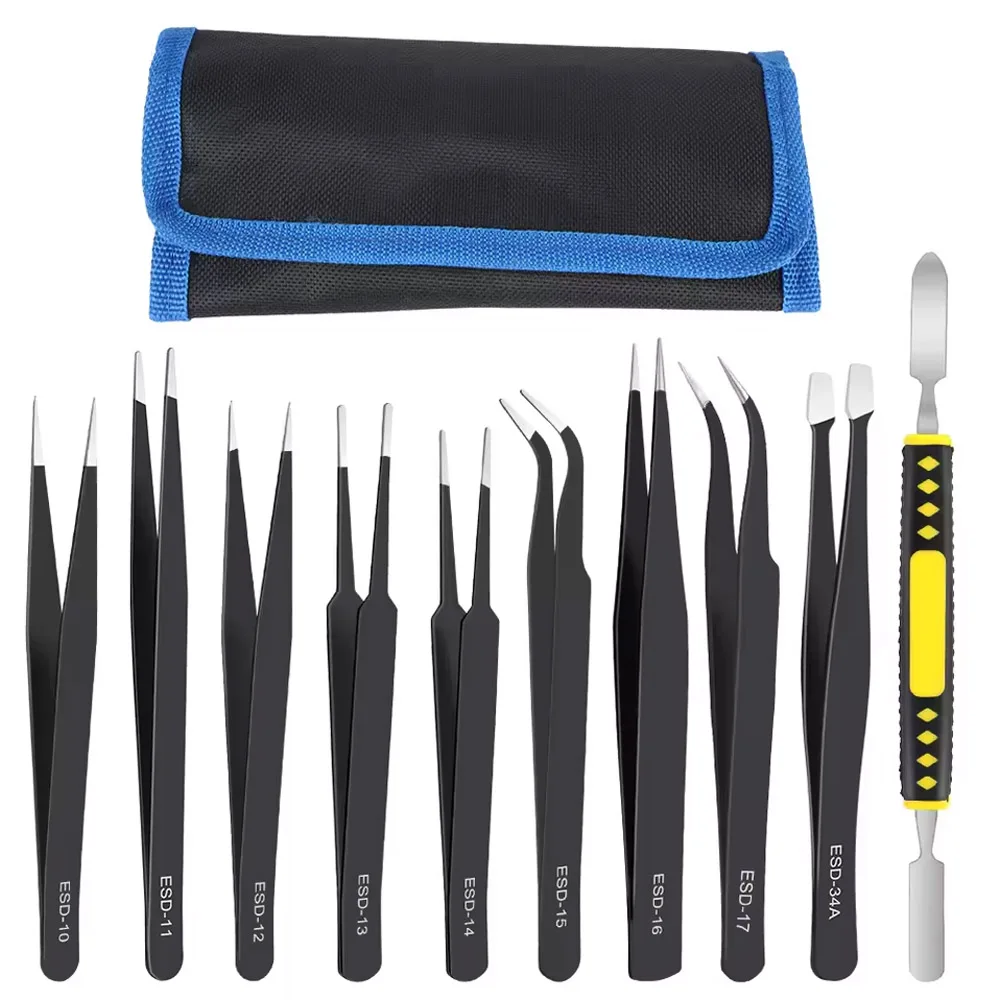 10Pcs/set Precision Anti-Static Tweezers Curved & Straight Stainless Steel ESD Tweezers Set for Industrial Repair Tools