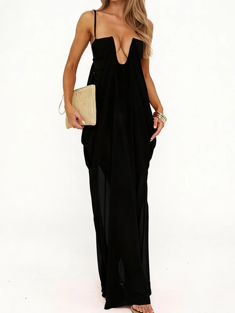 Sexy Sheer Mesh Spaghetti Strap Maxi Long Dresses for Women 2026 Summer Fashion Wedding Guest Party Prom Dress With Bodysuits