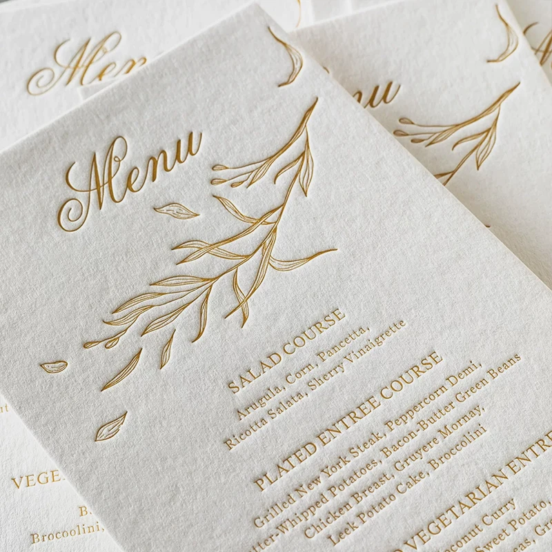 High-Quality Cotton Paper Menu Cards with Gold Foil Letter Press Debossing Embossing for Wedding Invitations