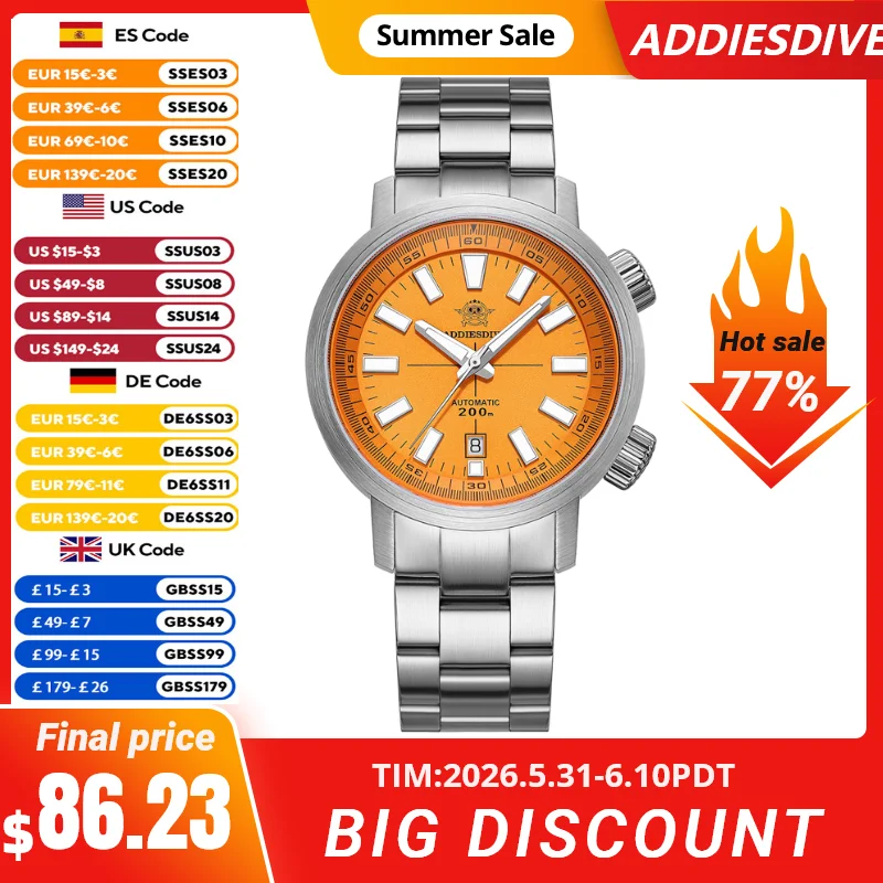 

ADDIESDIVE Men Diver Watch Waterproof 20Bar Luxury Sapphire 42mm Orange Rotatable Inner Luminous 8215 Automatic Mechanical Watch