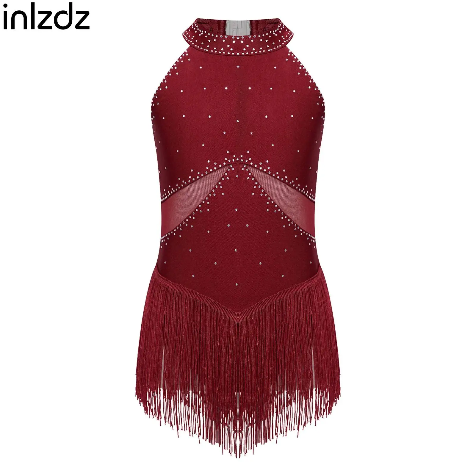 

Kids Girls Figure Skating Dance Dresses Costumes Glittery Rhinestones Tassel Leotard Sleeveless Sheer Mesh Patchwork Bodysuit