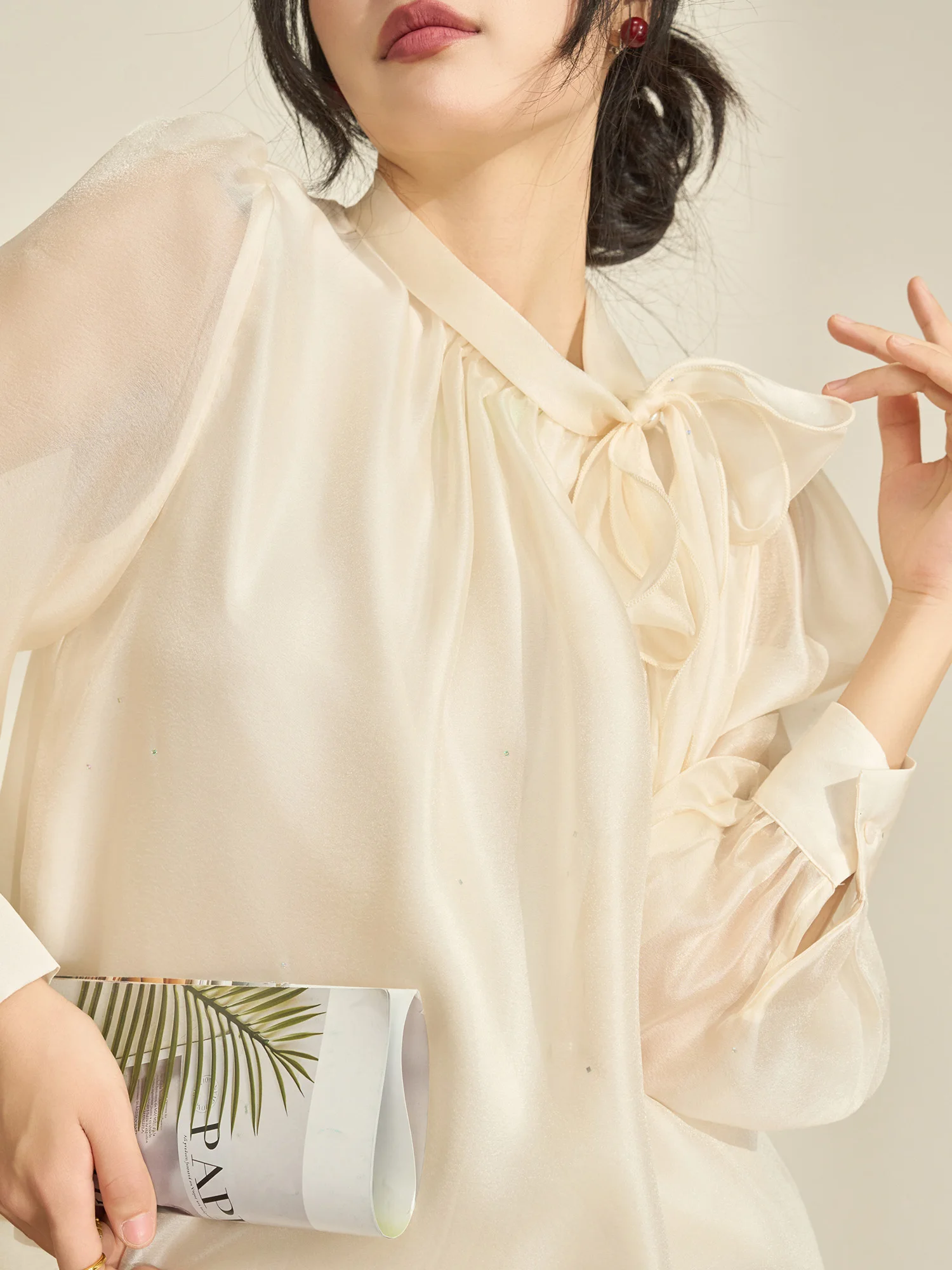 

Ele Soft Knot Long Sve irt Women's Sle Unique Small irt Commute Simple Loose Polyester Fiber Blouse