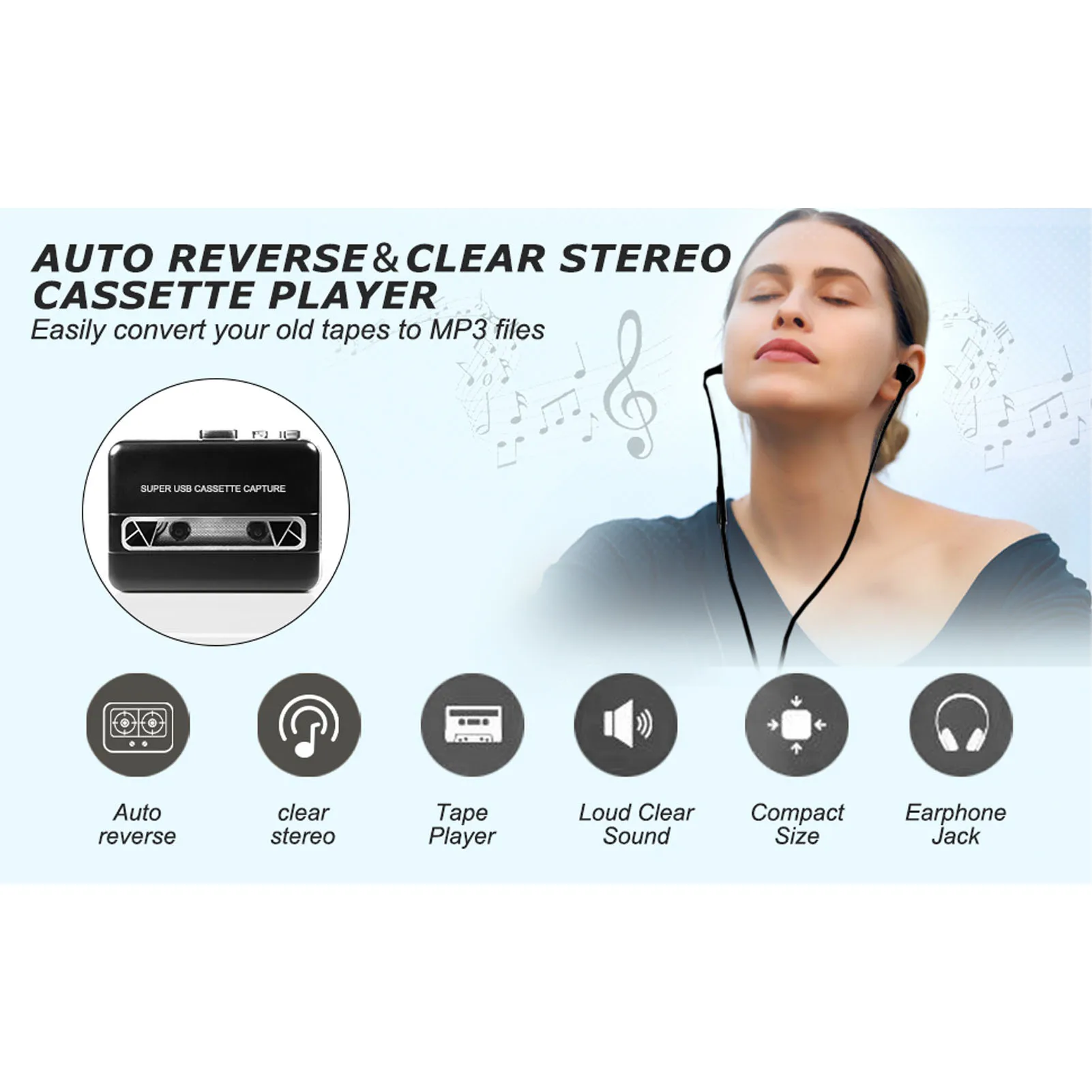 Portable Cassette to MP3 Converter Cassette Tape Player Built in Speaker 3.5mm Earphone Jack for Laptop Computer CD Burner