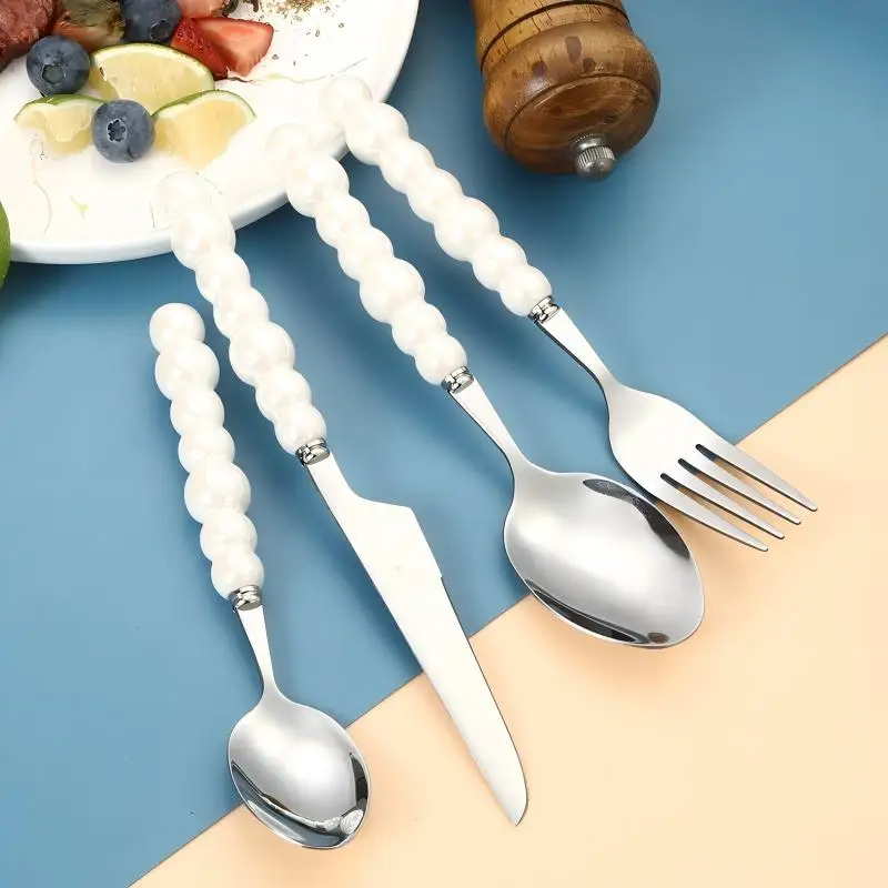 4Pcs Stainless Steel Cutlery Set Pearl Ceramic Handle Steak Knife Fork Spoon Elegant Home Dinner Gift Tableware
