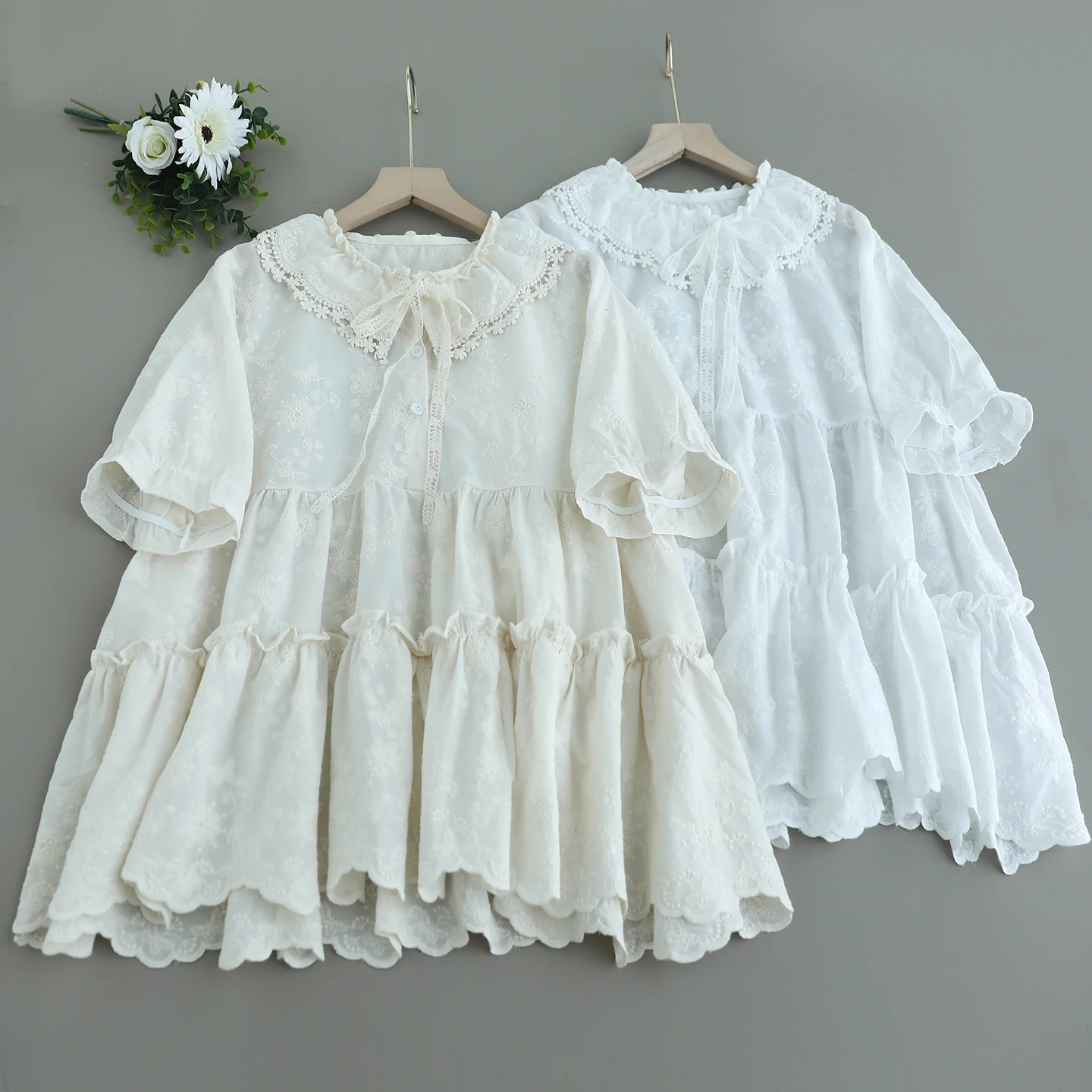 

Japanese Sweet Mori Girl Embroidery Jacquard Cotton Shirts Women Summer Ruffled Lace Up Collar Short Sleeve Casual Blouse Tops